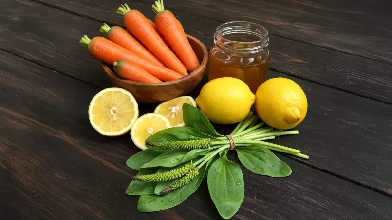 Ramuan alami untuk hati yang sehat dengan wortel, madu, lemon, dan dandelion