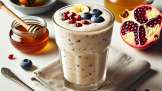Sakit tenggorokan kocok dengan madu, biji delima, yoghurt, blueberry, dan pisang